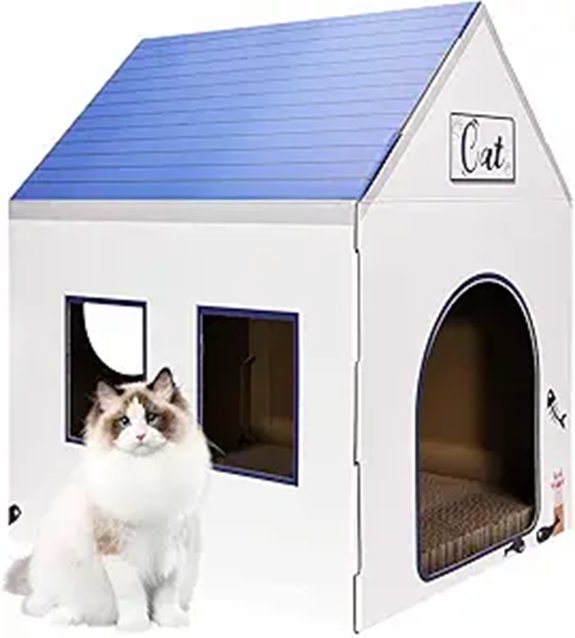 Cardboard Cat Playhouse with Scratching Pad (Blue/White)