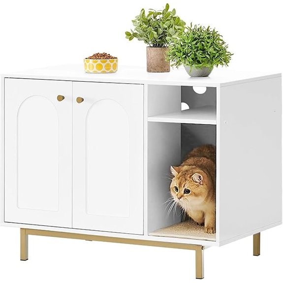 Modern White & Gold Cat Litter Box Enclosure Cabinet