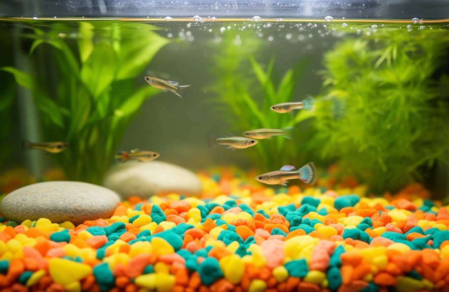bright gravel accentuates guppies