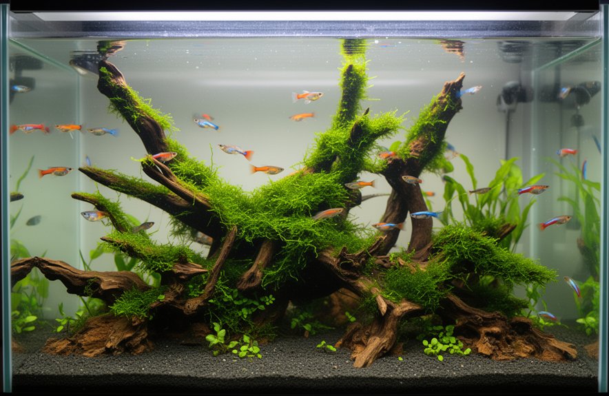 driftwood centered mossy guppy habitat