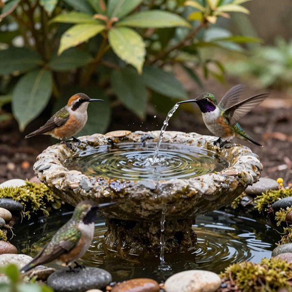 shallow moving birdbath near shrub